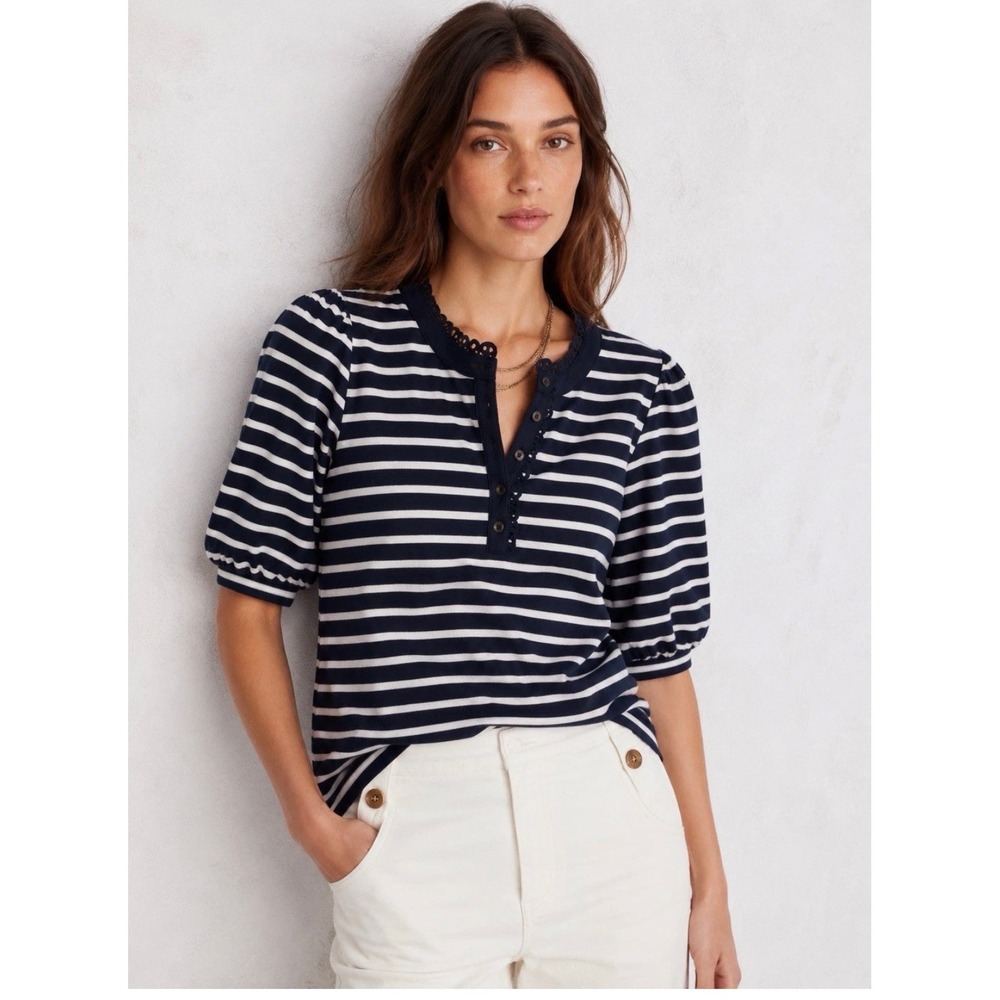 NWT Boden Striped Henley Lace Trim Puff Sleeve Top Sz 8 Nautical Preppy Coastal
